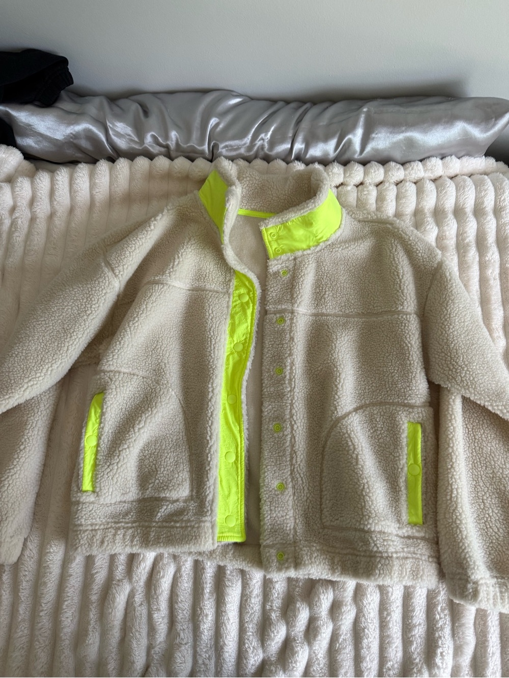 Old Navy Cream Sherpa Jacket with Neon Yellow Trim